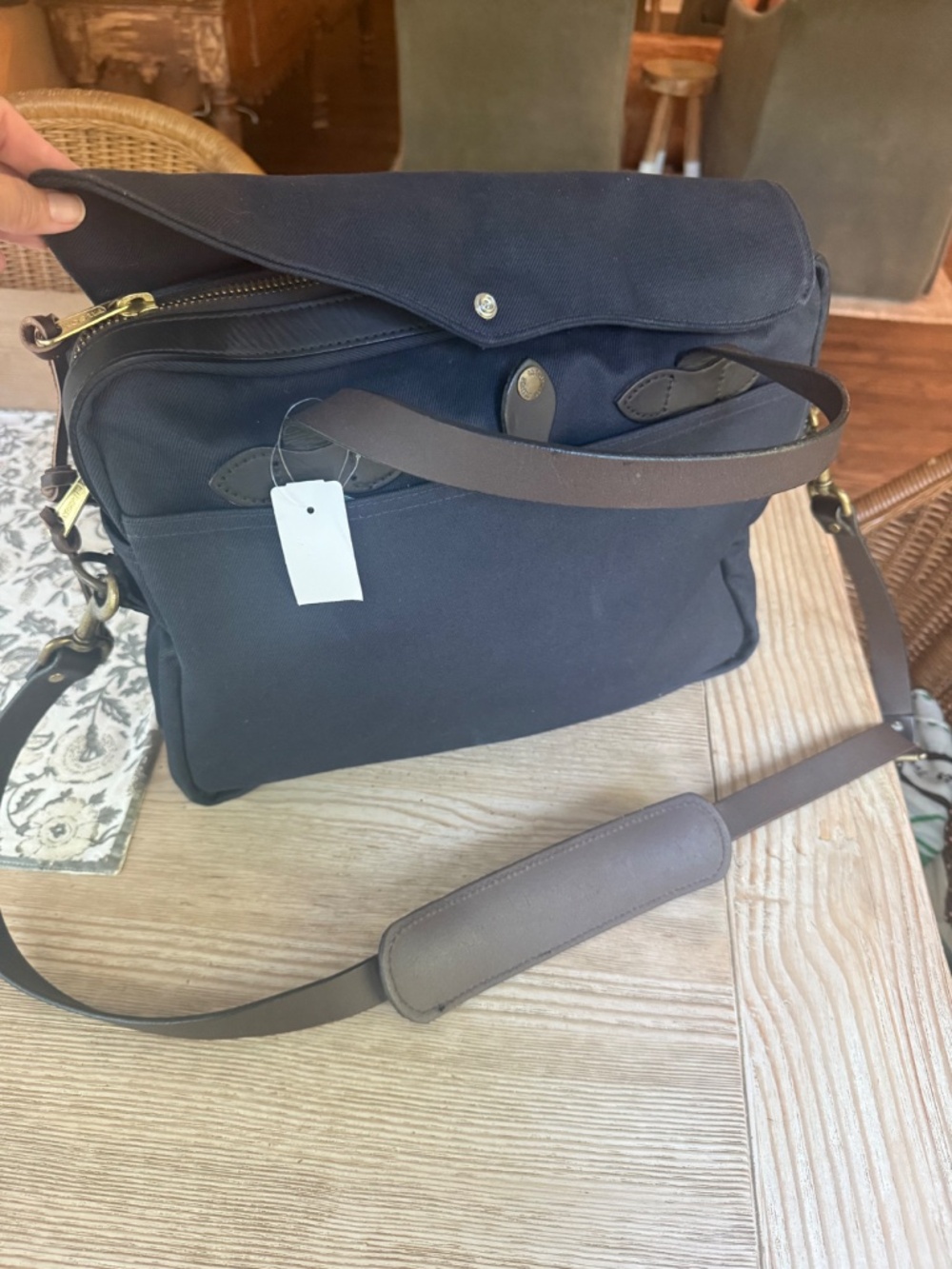 FILSON NWT Navy Blue Original Briefcase with Brown Leather Trim - Picture 5 of 11